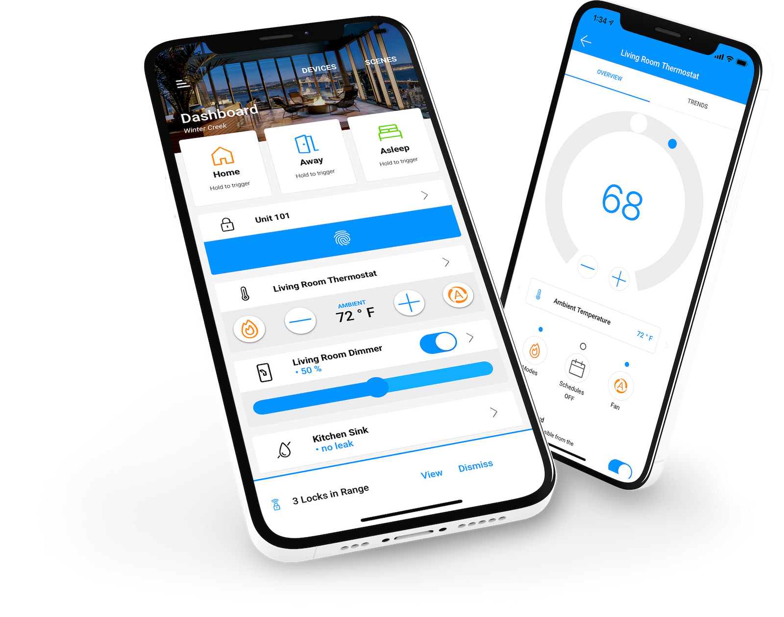 phone mockups showing smart apartment technology app