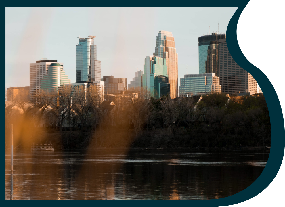 skyline and water views of Downtown Minneapolis, MN