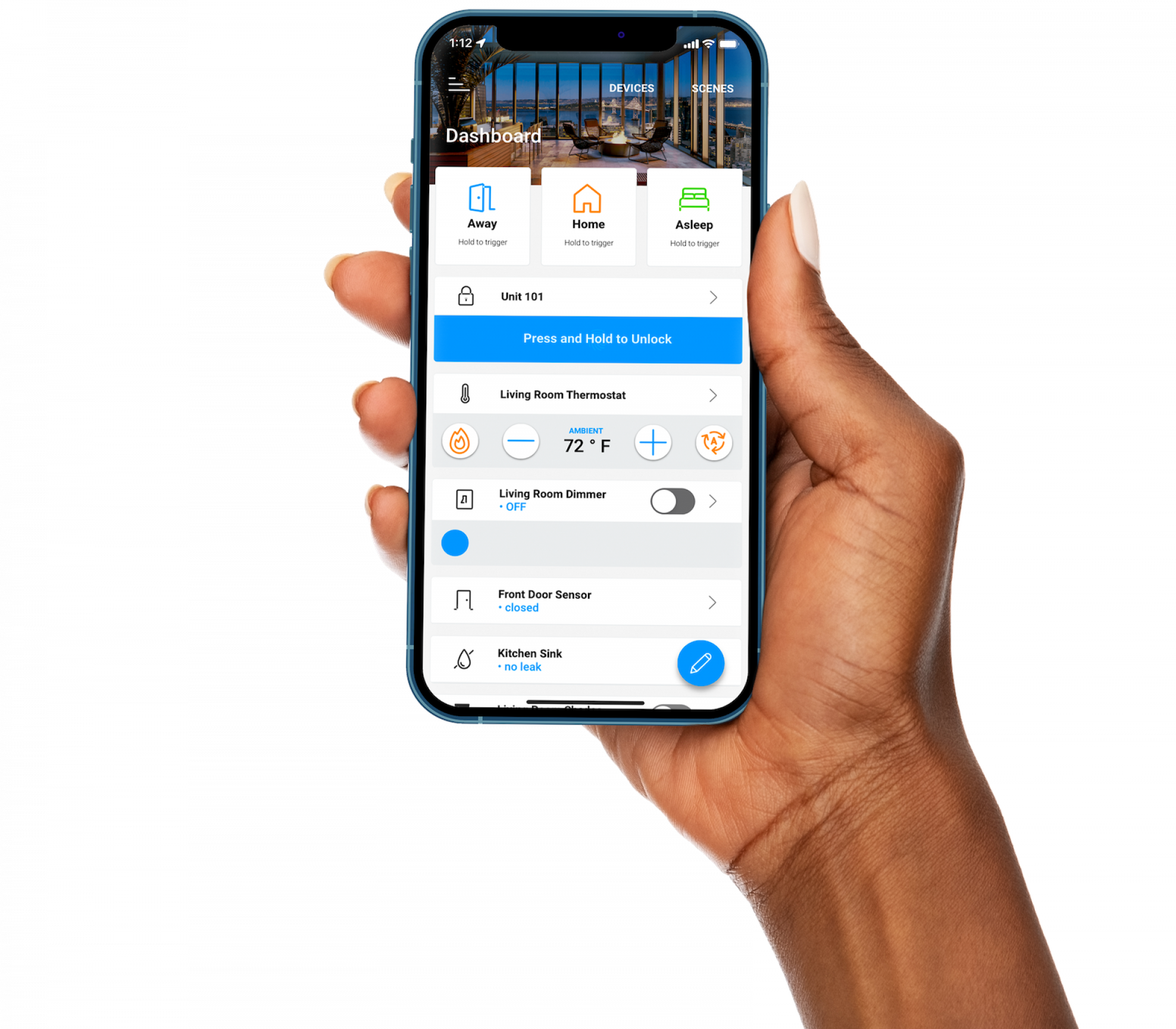 phone mockup showing STRATIS smart apartment technology app